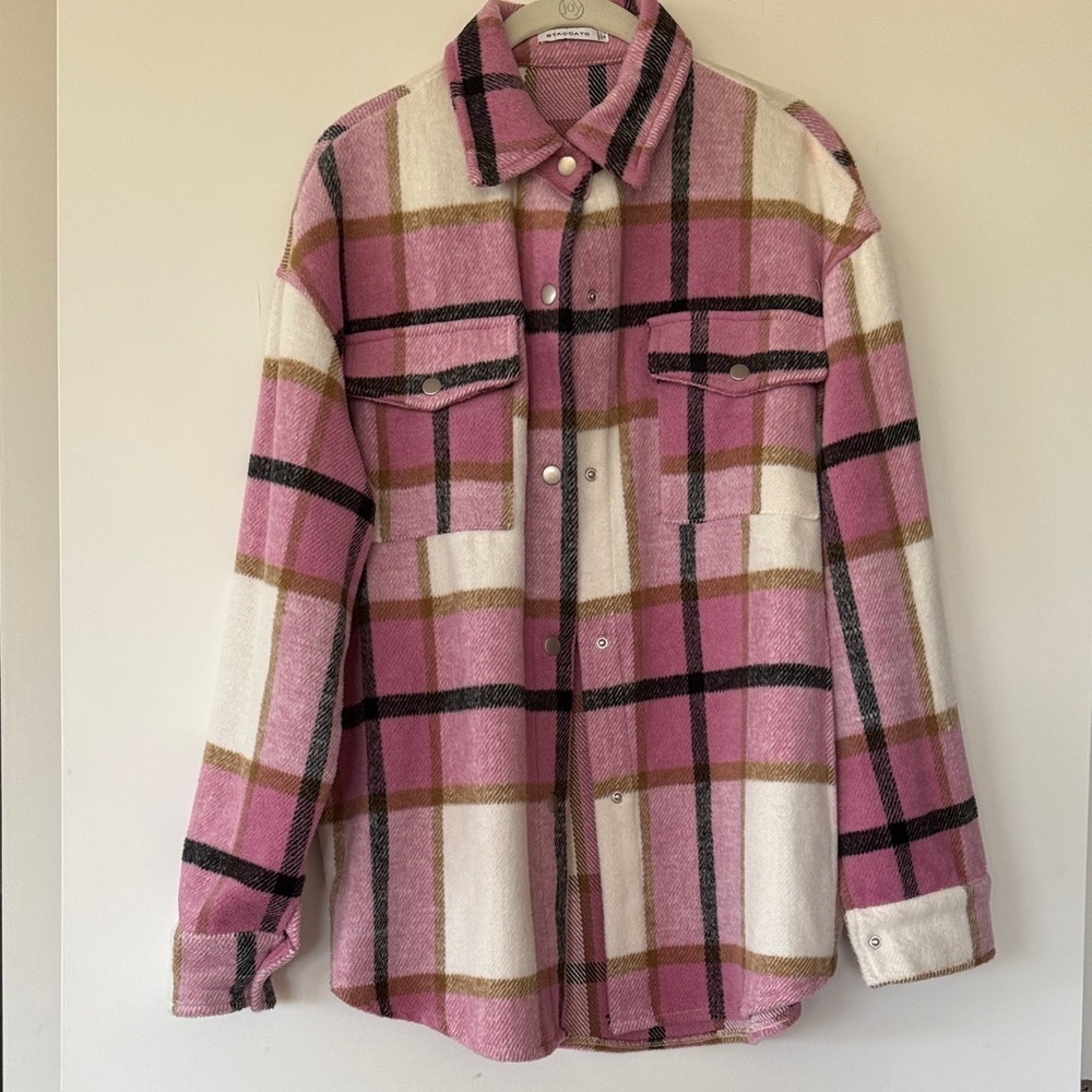 Staccato Pink and White Plaid Button-Up Flannel Shirt size S - Picture 2 of 9